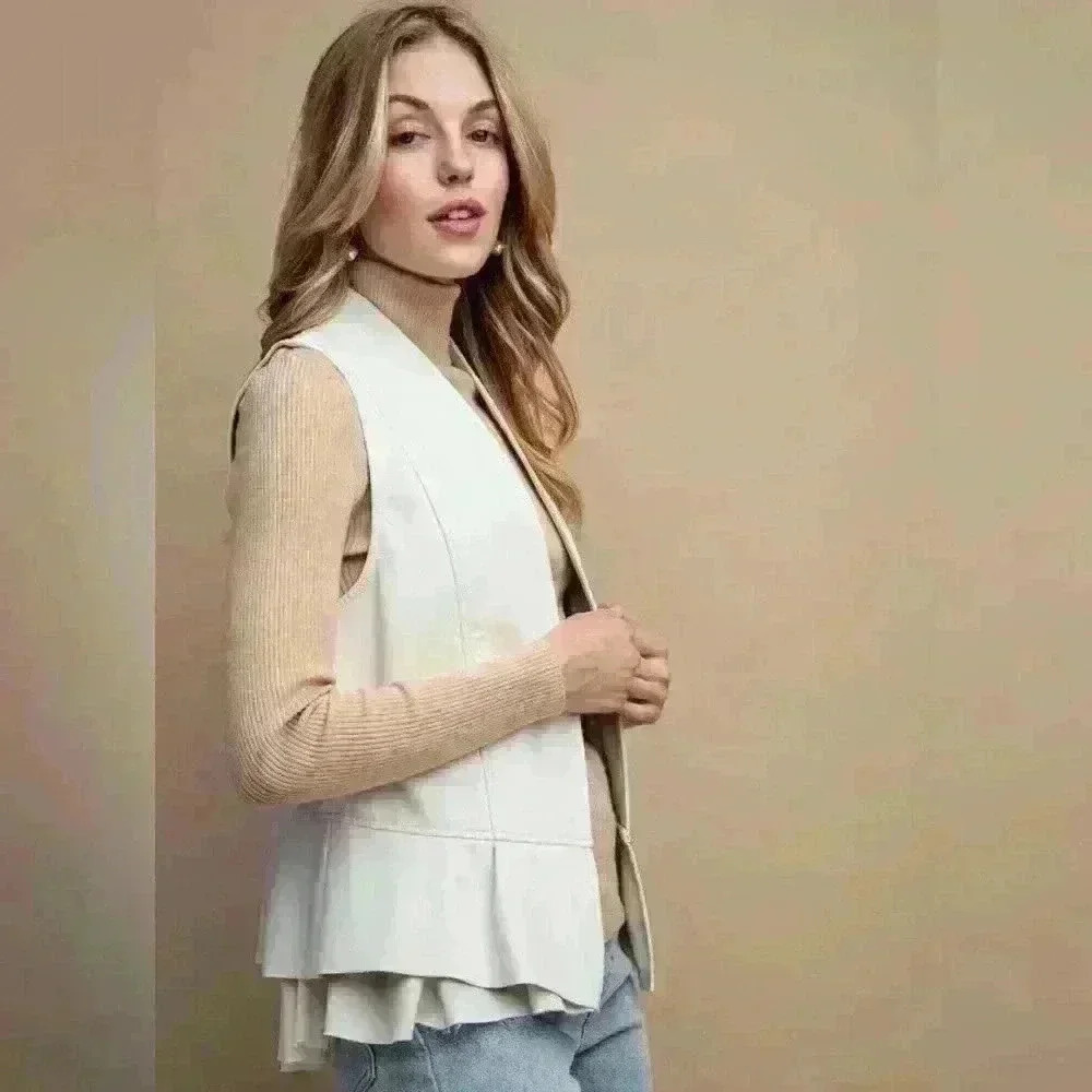 Faux Leather Mixed Media Off-white‎ vest layered raw hem fabric peplum Size S